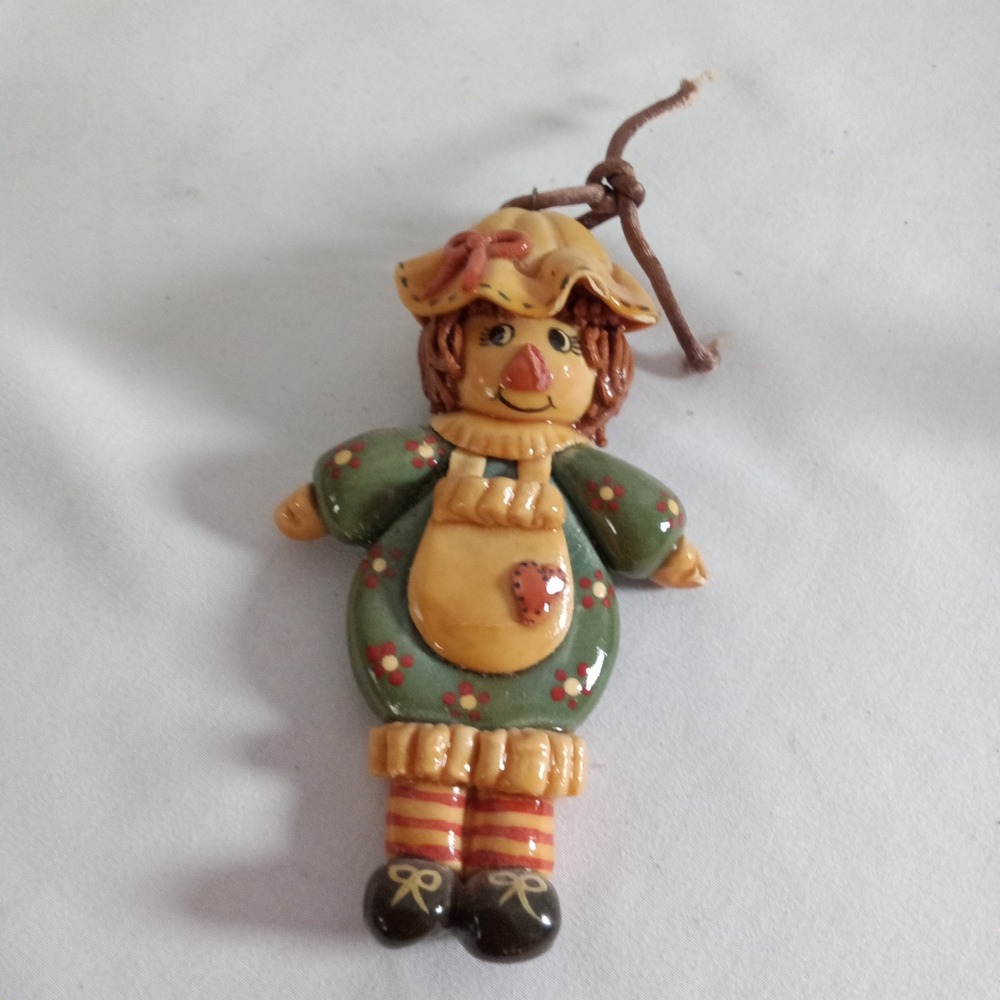 Vintage Julia Signed Ceramic Scarecrow Girl Ornament Fall Harvest Decor Green 3"